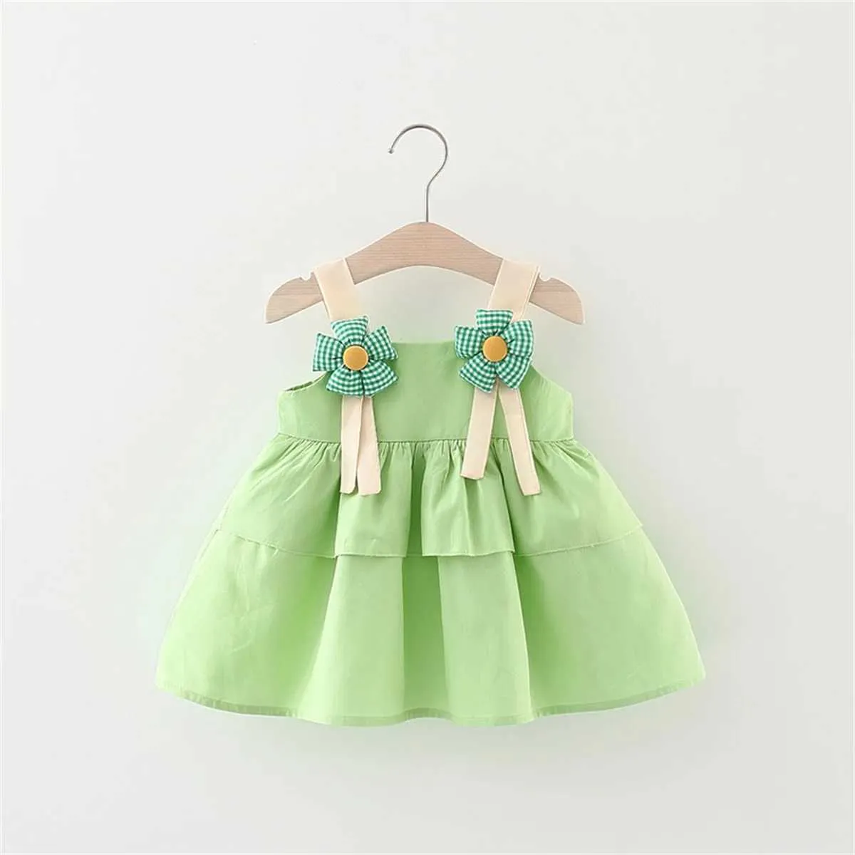 Meisjesjurken Babyjurk Zomermeisje Baby Twee driedimensionale bloem vaste kleurcombinatie sling cake jurk kinderjurk jurk