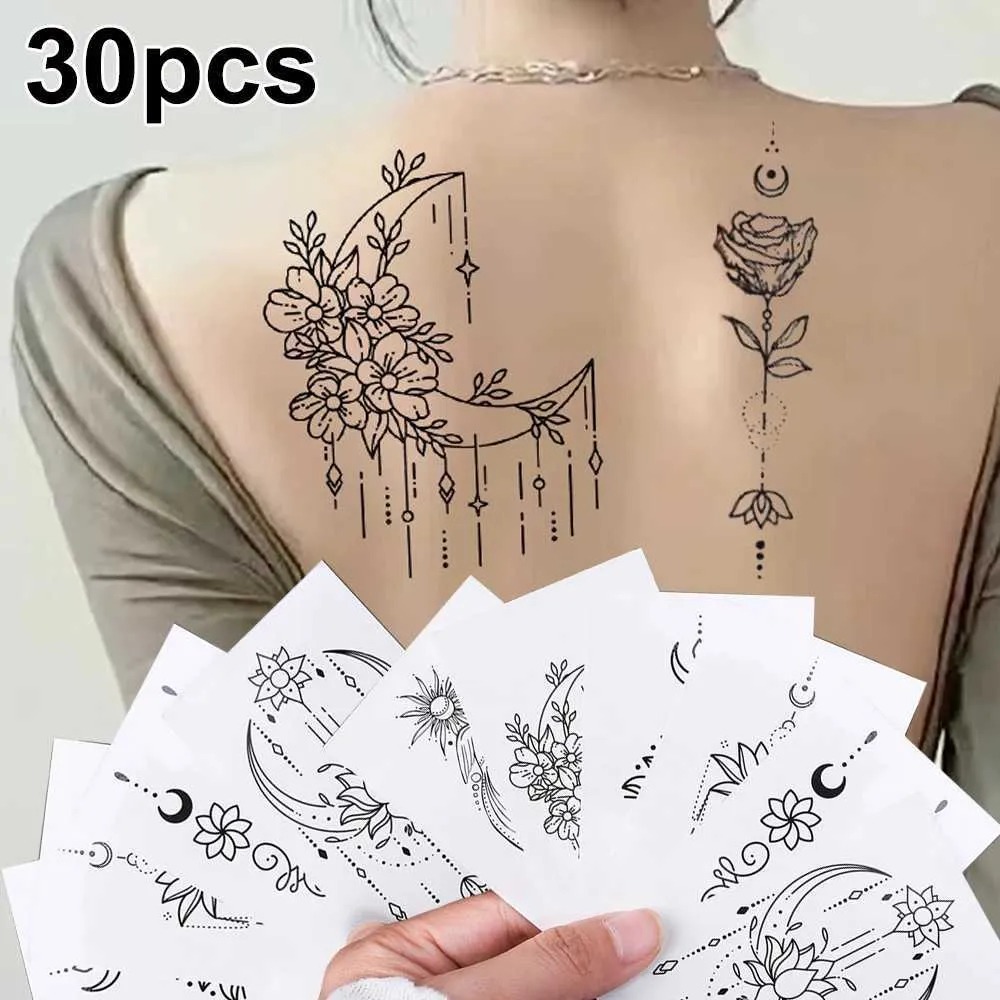 Tattoo -overdracht Waterdichte nep -tattoo -stickers voor vrouw Black Moon en Stars Tattoo Sketch 30 Style Set Long Dasting Body Art Tijdelijke tatoeages 240426