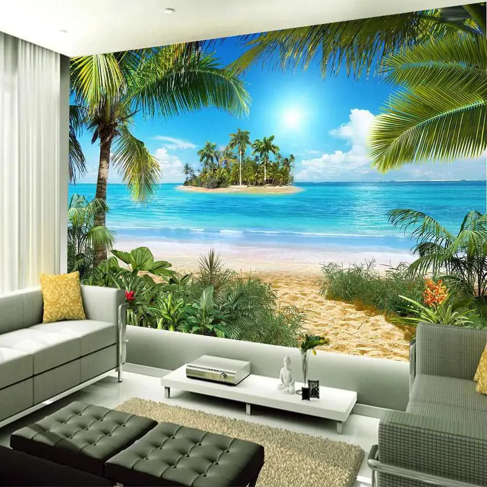 Tapissries Seaside Landscape Outdoor Tapestry Ocean Beach Tropical Plants Sailboats Faux Window Home Patio Väggkonstdekor vardagsrummet Mural