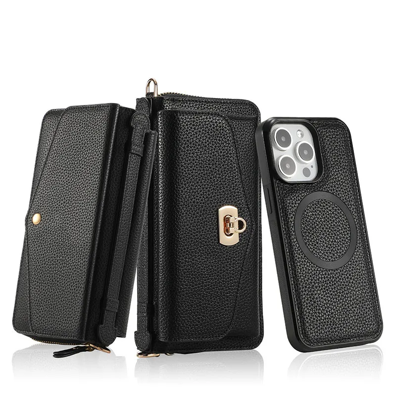 Skórzany portfel mody wielofunkcyjny portfel zamek błyskawiczny Litchi skórzany telefon na iPhone 15 14 13 12 11 Pro Max LYP143