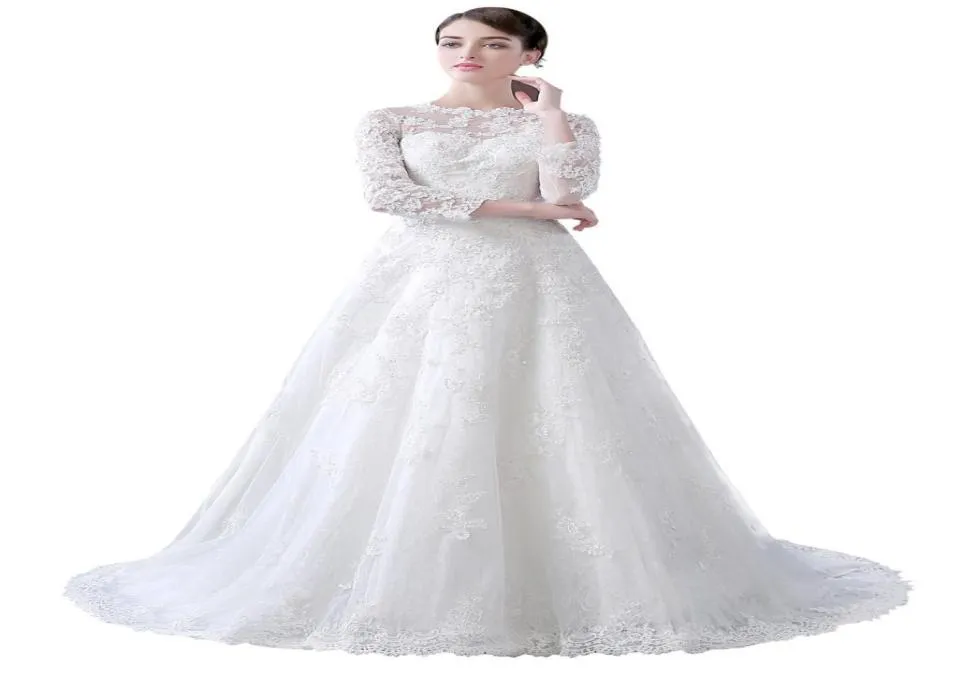 2019 Jewel Neck Aline Chapel Train Wedding Dresses 34 Långa ärmar LACE APPLIKES Bröllopsklänningar Knapp Sen Back Vestido de nov8278279