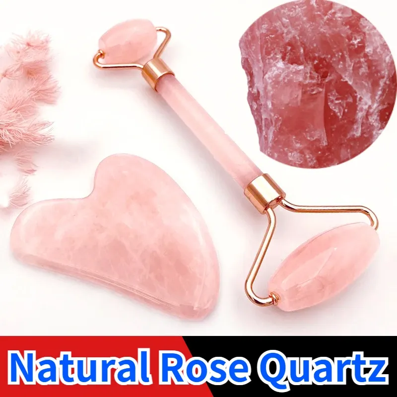 Rouleau rose quartz poudre en poudre jade massage rouleau spa masseurs de visage rose gua sha stone naturelle guasha outil de beauté