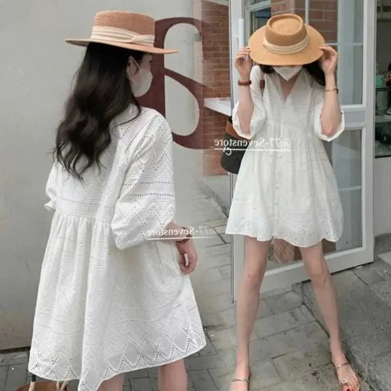 Zwangerschapsjurken 2024 Spring zwangere dames kleding losse lantaarn mouwen v-neck witte katoenen jurk modefeest Q240427