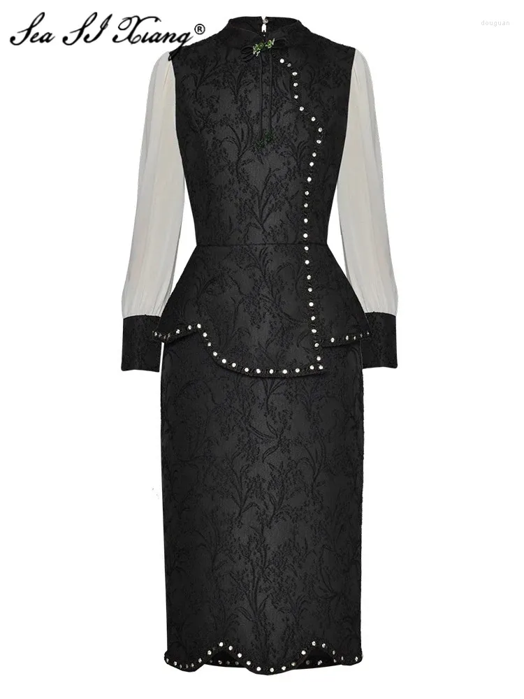 Robes décontractées seasixiang mode jacquard crayon robe femme stand collier lanterne manche en diamant perle noire package vintage fesses