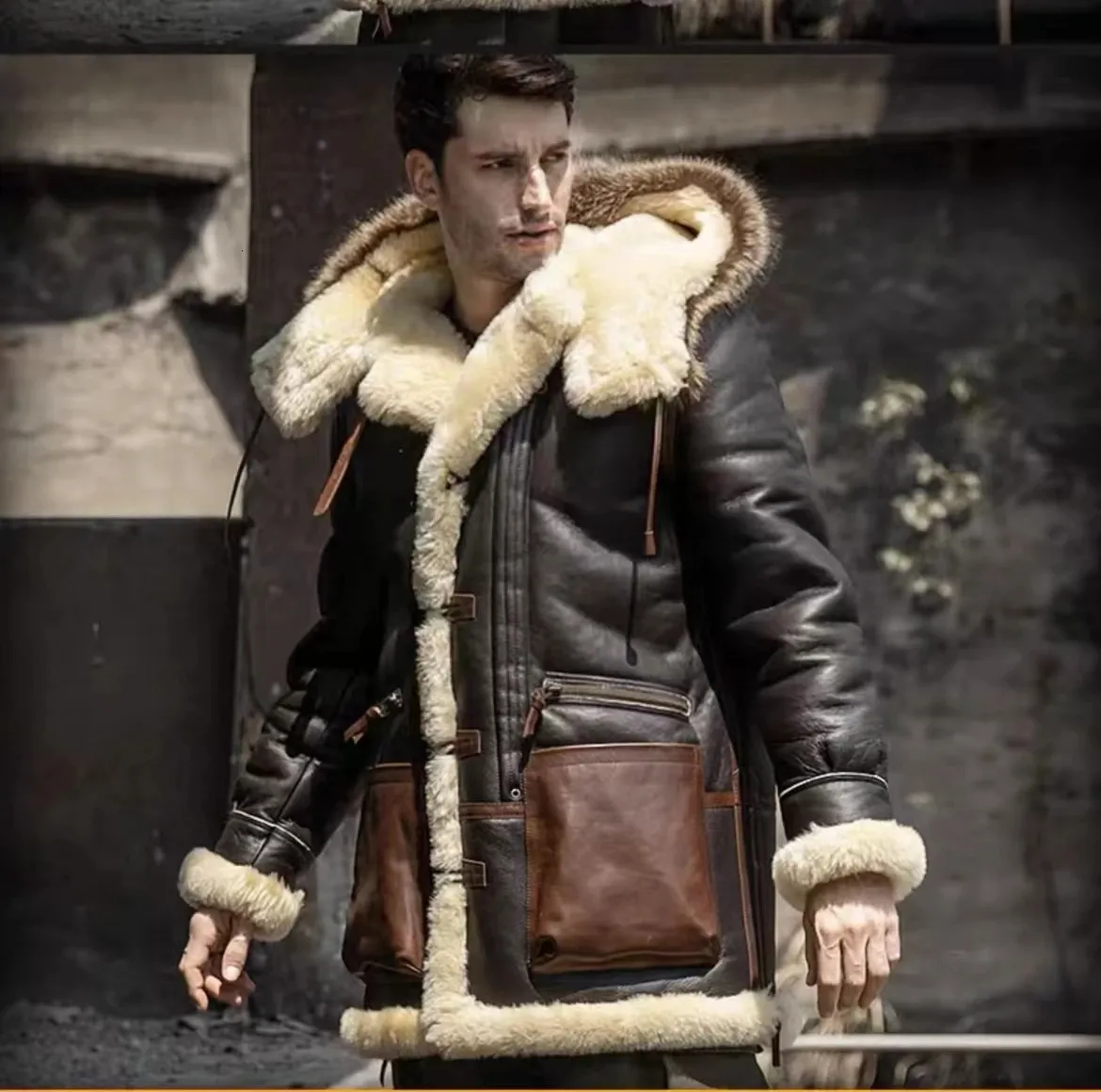 Winter Sheepskin Bomber Jacket Men Genuine Leather Hooded Fur Coat ...
