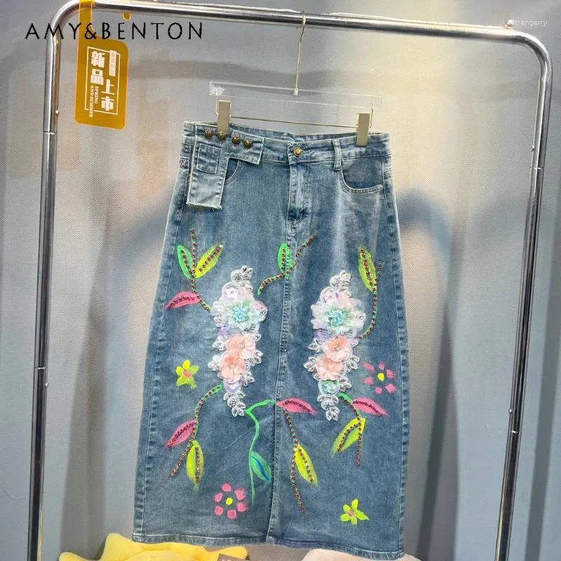 Spódnice wytrzymałe malowane z koralikowymi cekinową spódnicą z kwiatów 2024 Summer Spring Design Loose All-Match dżinsy damskie ubrania
