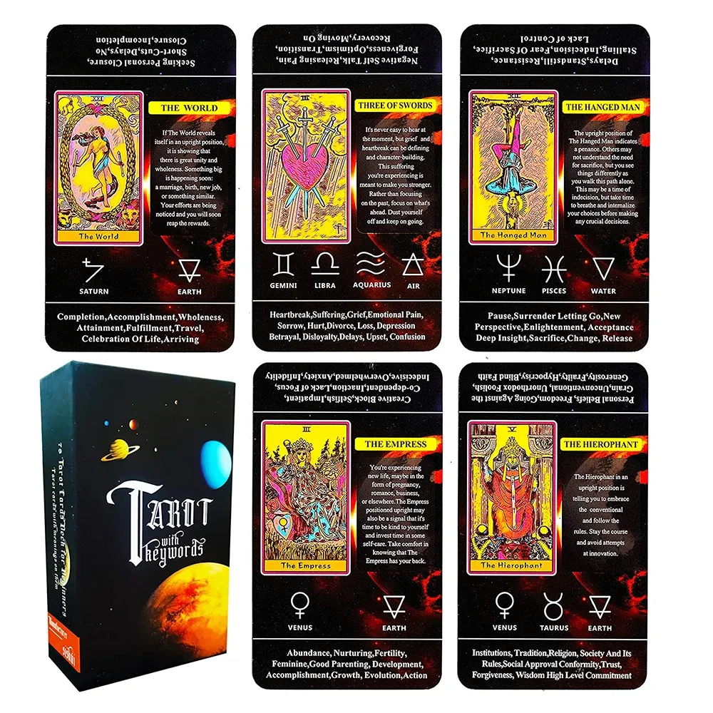 Spiele 330G Keyword Tarot hohe Qualität für Anfängerkarten der Karten Astrologie Mysteriöse Runen Wahrsagen Bestätigung Affirmation Schicksal 12x7cm