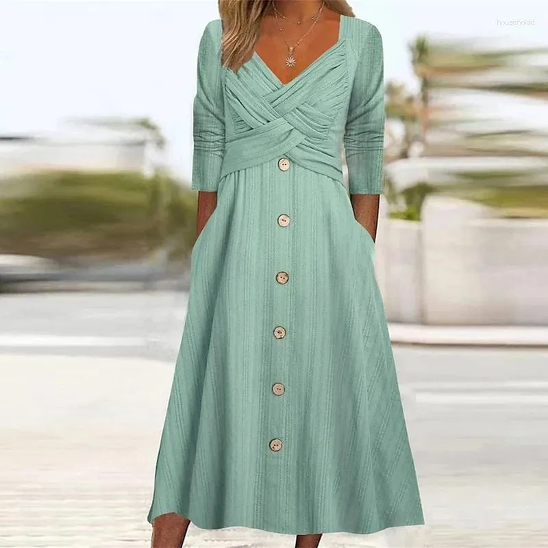 Casual Dresses 2024 Spring Summer Solid Color Long Sleeve A-Line Office Lady Sexy V Neck Buttoned Women Party