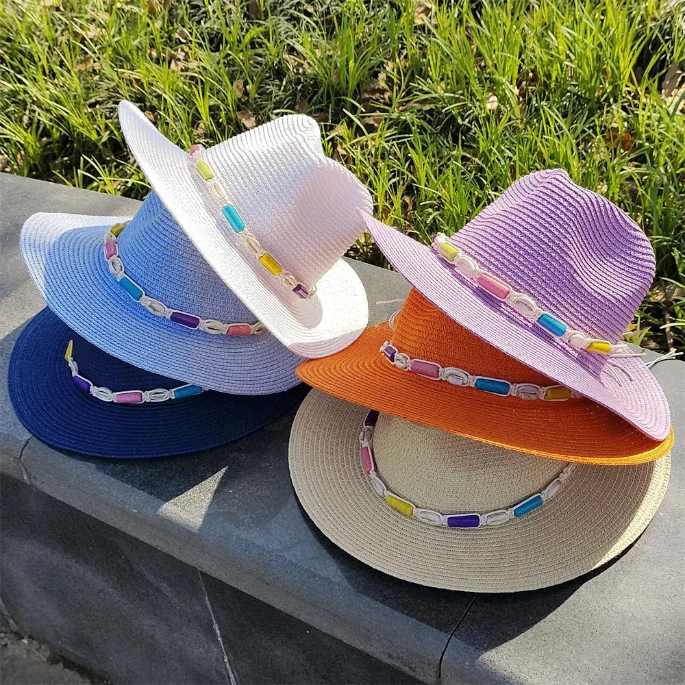 Panama Jazz Hat Summer Men and Women Colorful Sun Outdoor Straw Protection Beach Beaded Accessories 240425