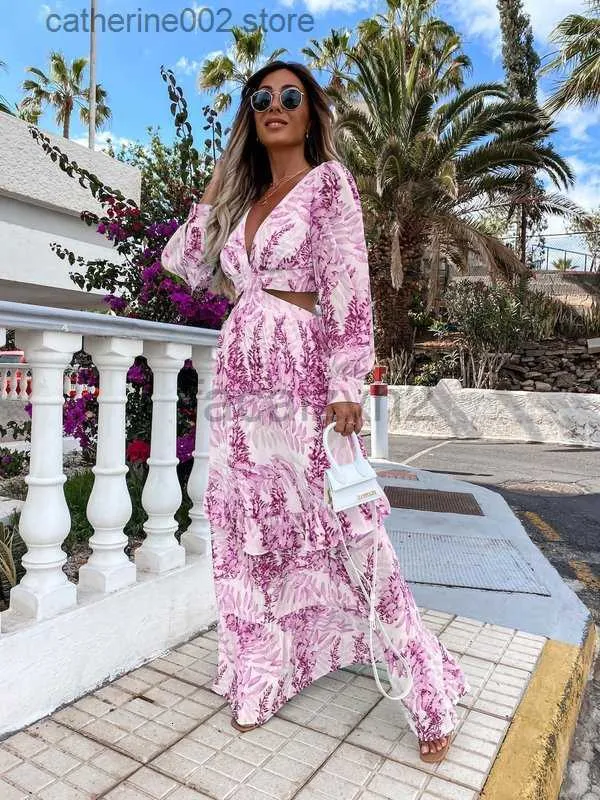 Casual jurken vrouwen boho maxi jurk zomer sexy vneck hollow out lantern mouw party club jurken backless strand cover up vrouwelijke mantel 220809 t230601 s63d2