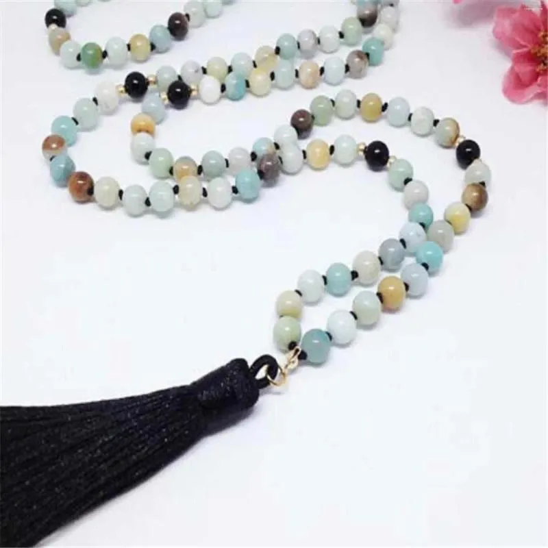 Anhänger 6mm natürliche Amazoniumitperlen Schwarze Quaste 108 Mala Gebet Halskette Mode Accessoire Chakra Rustikale Männer Minimalist Edelstein