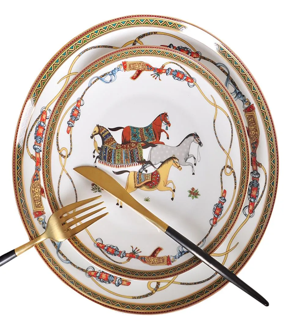 Middagsplattor Luxury War Horse Bone China Mannor Set Royal Feast Porcelain Western Plate Dish Home Decoration Wedding Presents8976897