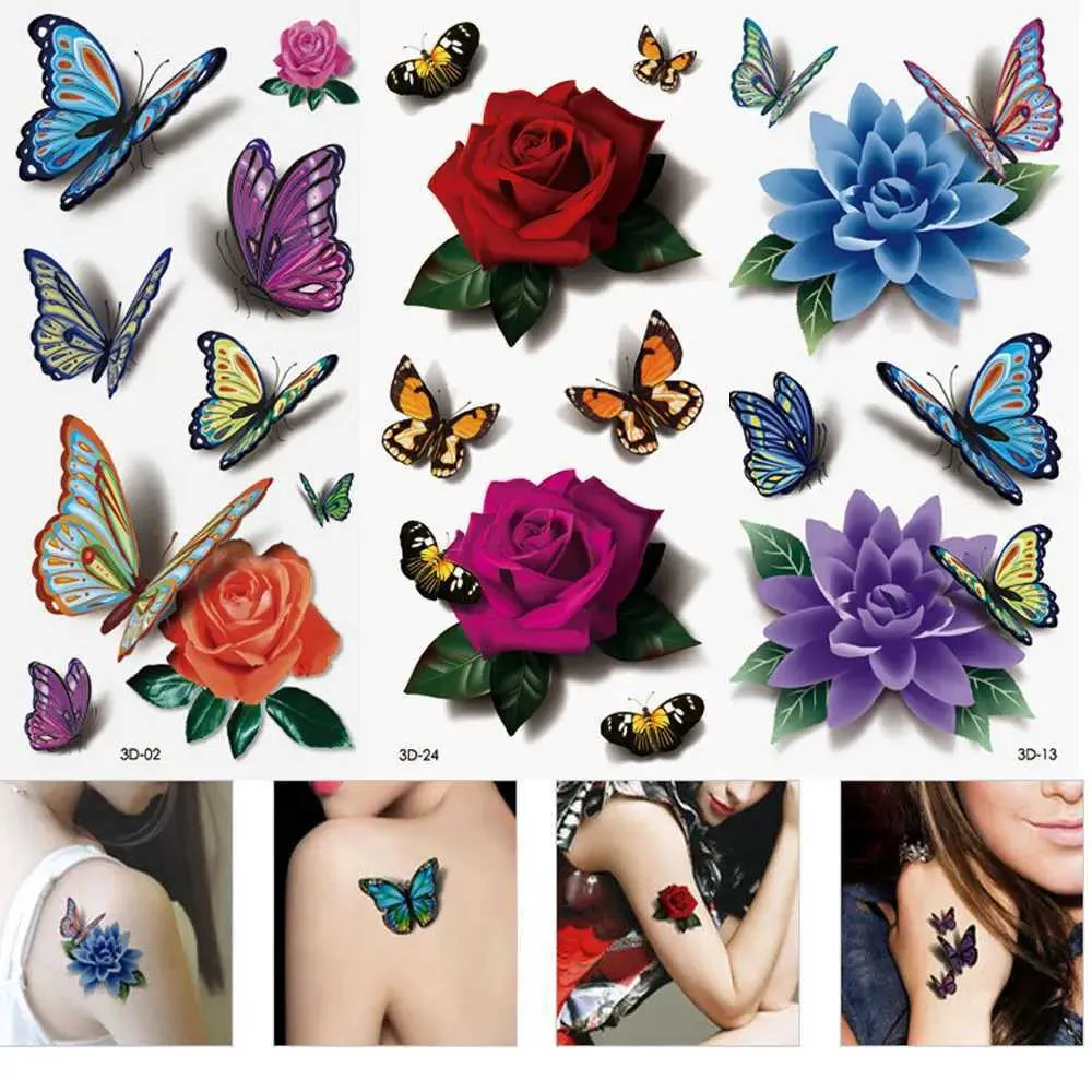 Tatueringsöverföring 1 st vattentät tillfällig tatuering klistermärke Flash Flower Rose Butterfly Body Art Arm Fake Women Lady DIY TATTOOS 240427