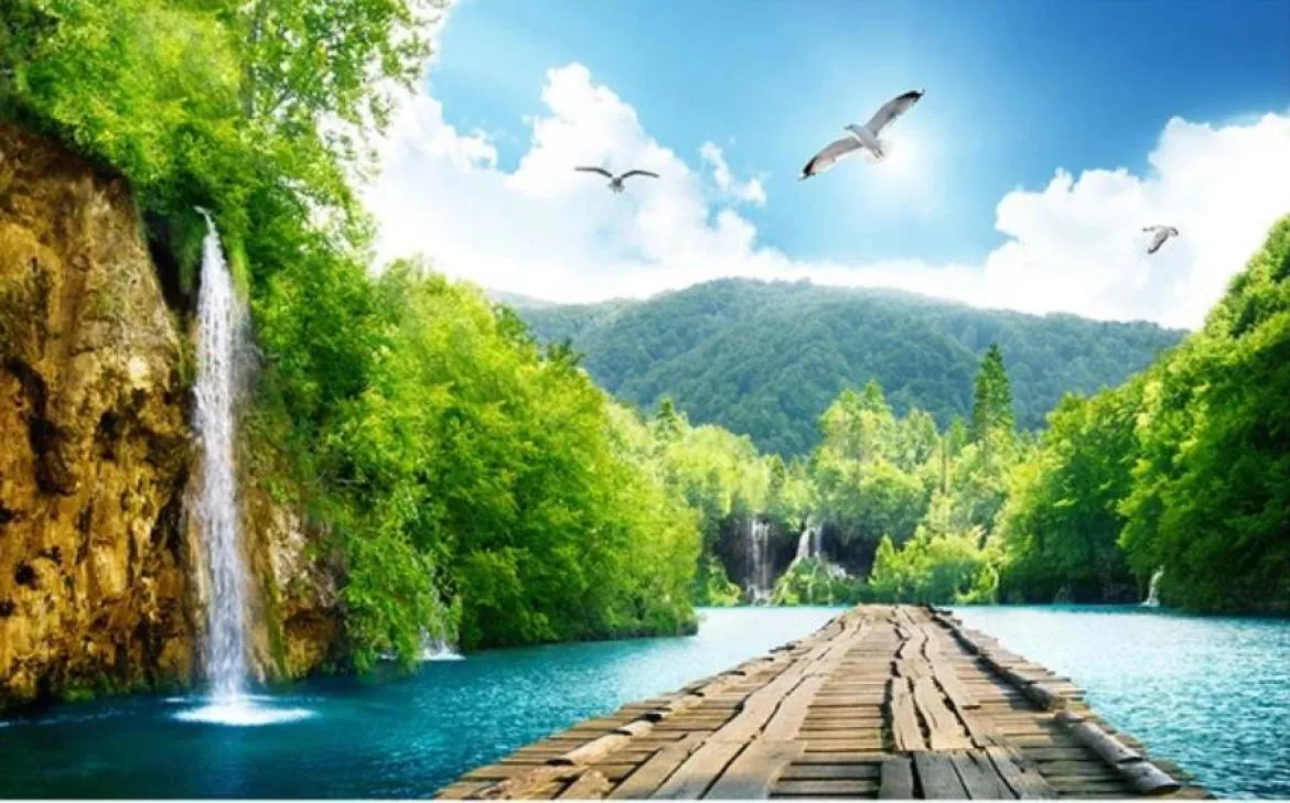 modern living room wallpapers Landscape waterfall wooden bridge 3D landscape background wall background painting2671986