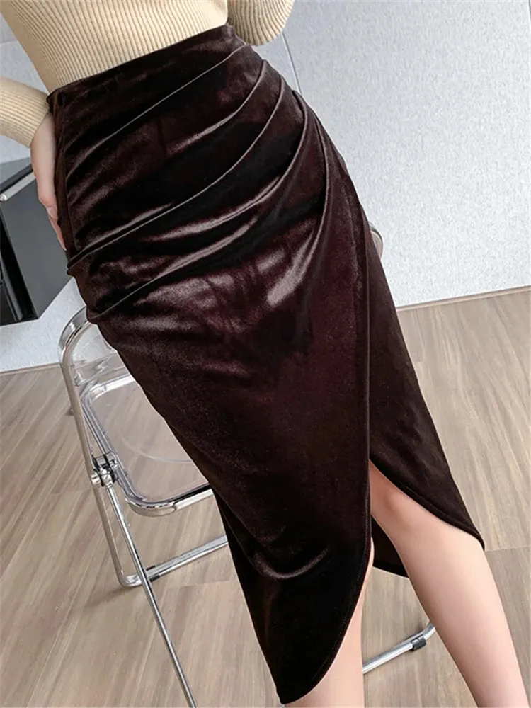 【新品】Velvet Pencil Skirt Customizable Long Pencil Skirt for Women, Velvet, Mid-calf
