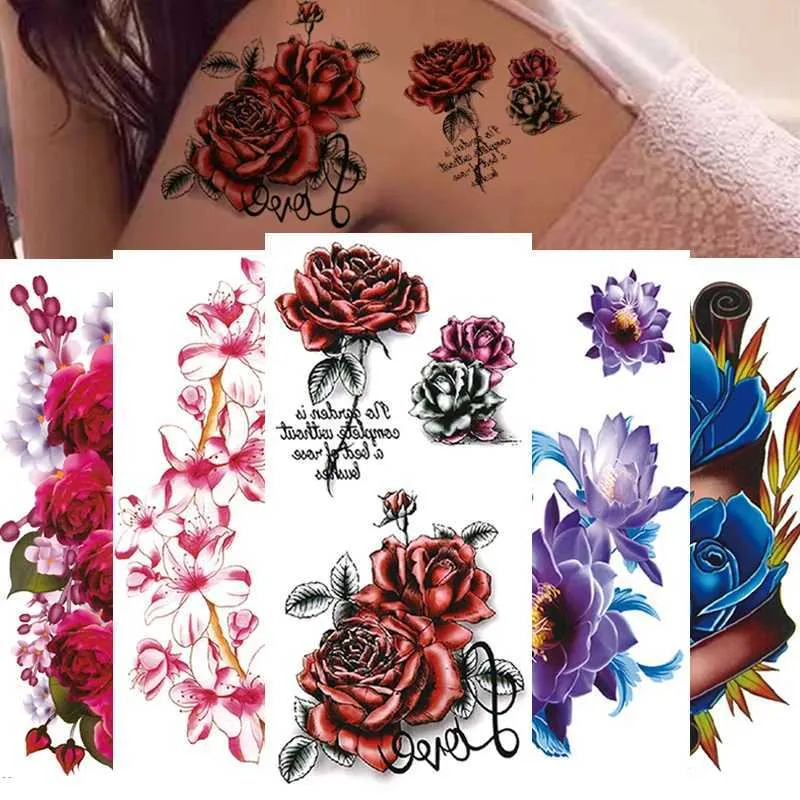 Tattoo Transfer Beauty Flower Diamond Black Rose Waterproof tillfällig tatuering Body Art Arm Sleeve Water Transfer Fake Women Decoration Sticker 240427