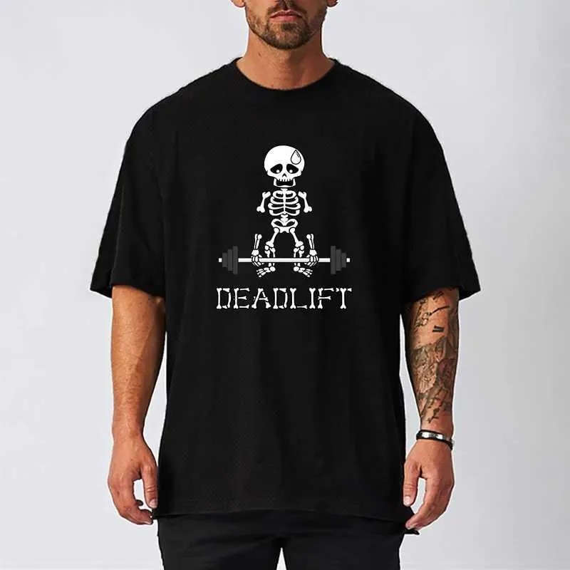 Camisetas masculinas para hombres Skeleton Dead Lift Barbell Gym Clothing Mens Fitness Ultra-Fine Loose Mesh Secado rápido Camisa de fitness de manga corta J240426