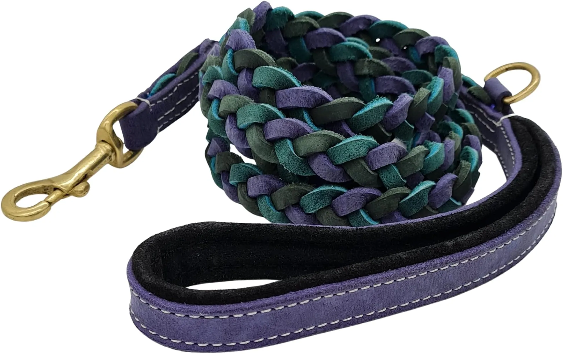 Blazing Paws Vibrania ft Leather Dog Leash with Side Ring, Braided Teal Green Blue Distressed Leather