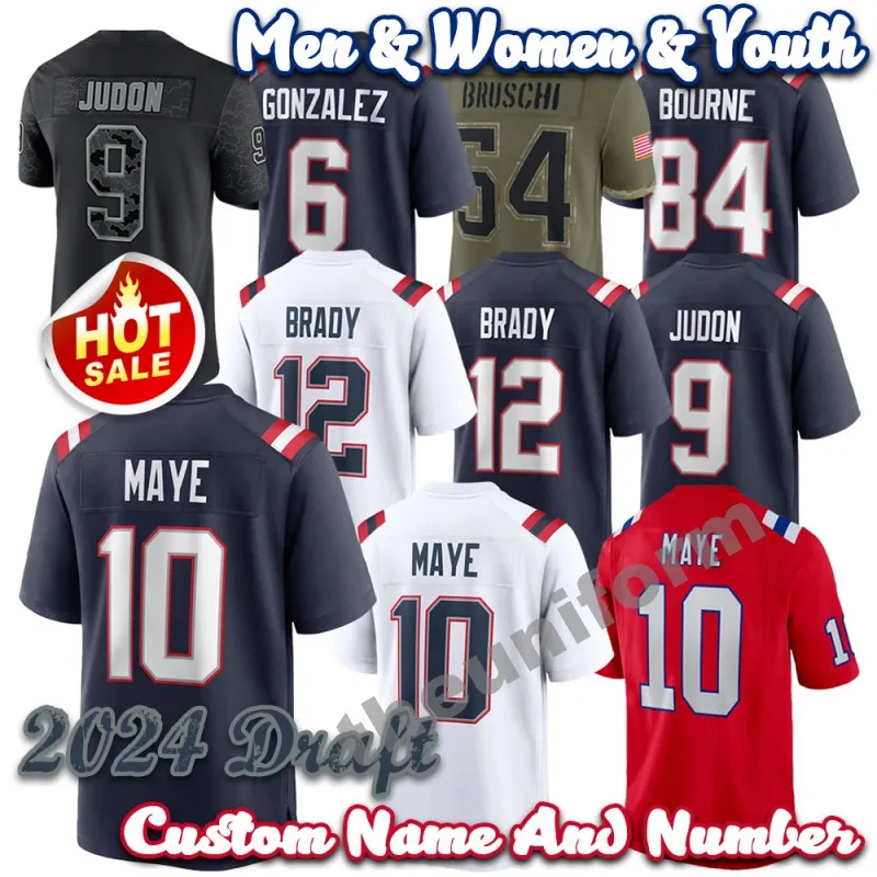 2024 Draft 10 Drake Maye 12 Tom Brady 9 Matthew Judon Custom 6 Christian Gonzalez 84 Kendrick Bourne 5 Jabrill Peppers Men Womens Youth Football Jersey Taille S-6XL