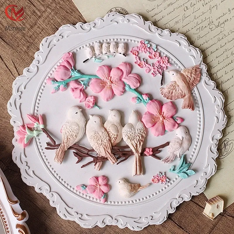 Molds mirosie bak cake mal metgezel ekster vogel vliegen op takken bloem fondant cake siliconen mal cake decoratie accessoires
