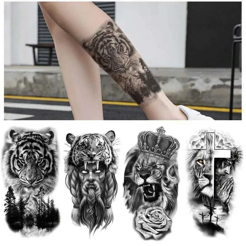 Tatuagem Transferência de 12pcs/Defina o adesivo de tatuagem da floresta negra para homens mulheres tigre lobo crânio temporário falsa henna esqueleto rei animal tatoo 240426