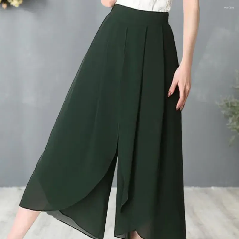 Damesbroek hoge taille chiffon dubbele lagen split zoom breed been voor vrouwen middenkalf lengte massieve kleur losse fit rok