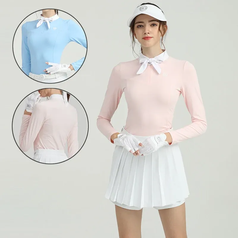 Caps Blktee Women Elastic Quick Dry Golf Shirt Ladies Bow Tie Long Sleeve Tshirt Ladies Slim Zipper Collar Golf Tops Casual Clothing