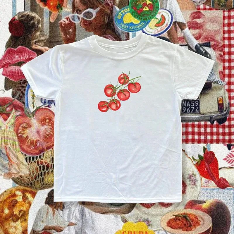 Dames t shirts schattige fruit print t-shirt zomer korte mouw ronde nek gemonteerde blouses tees y2k esthetiek 2000s retro kawaii crop tops