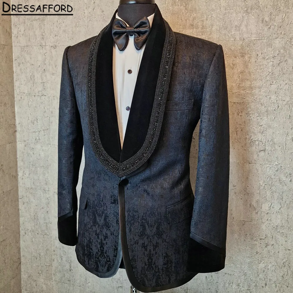 Uomini perle perle neri si adattano a due pezzi Jacquard Weave Evening Blazer Groom Wear (giacca + pantaloni)