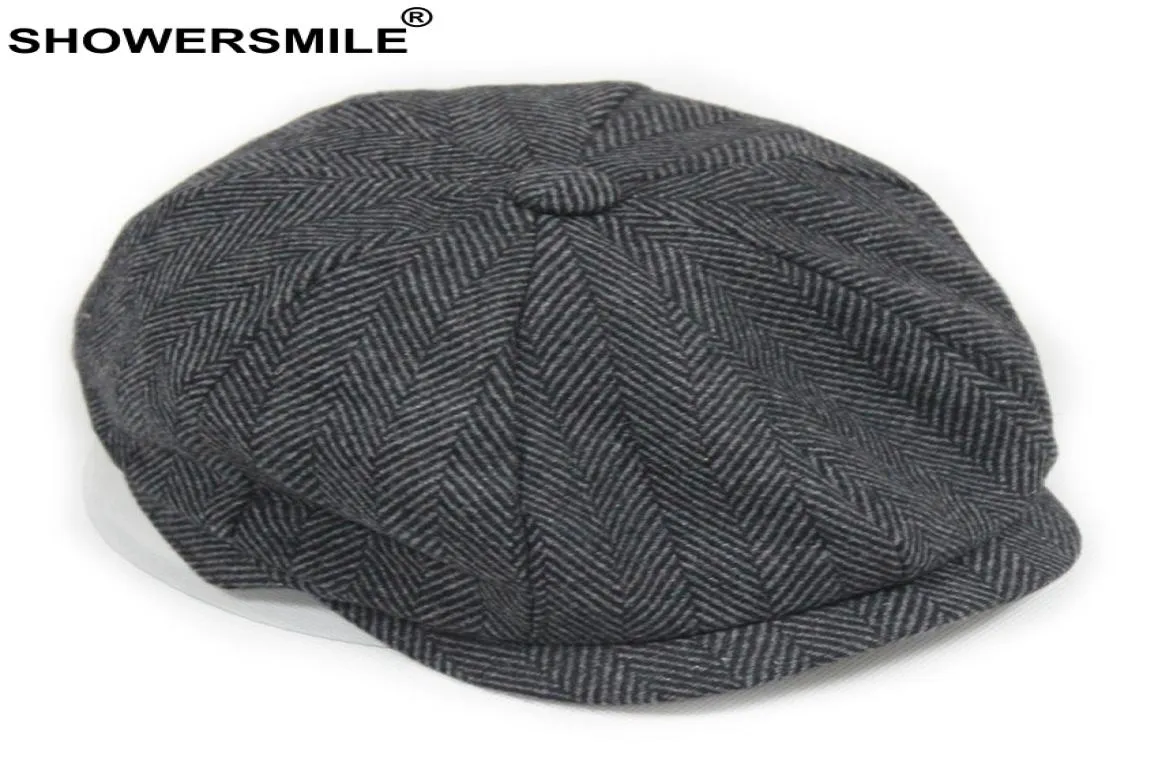 SHOWER Black Grey Wool Hat Man Newsboy Caps Herringbone Tweed Warm Winter Octagonal Hat Male Female Gatsby Retro Flat Caps S10207059044