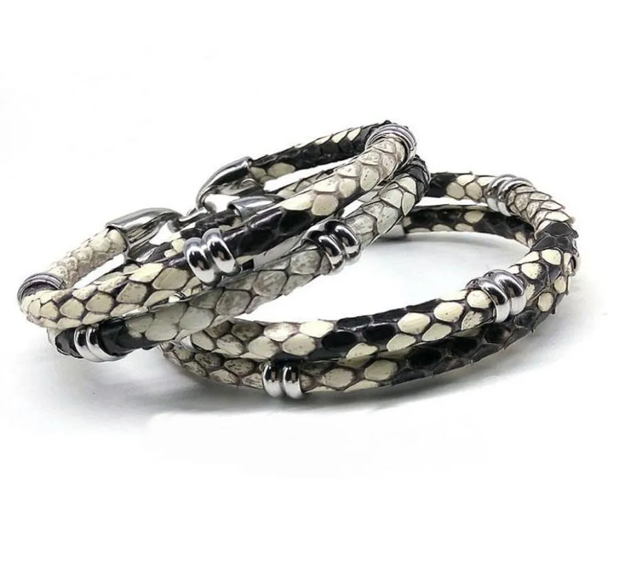 Braccialetti in pelle di pelle di pitone nero da uomo in pelle vera python cuoio con bracciale con fibbia in acciaio con perline braccialette3240089