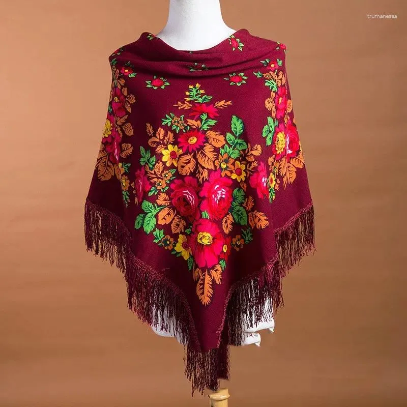 Bufandas 115 115cm bufanda rusa estilo étnico estampado floral envolturas con flecos manta de viaje babushka hijab bandana
