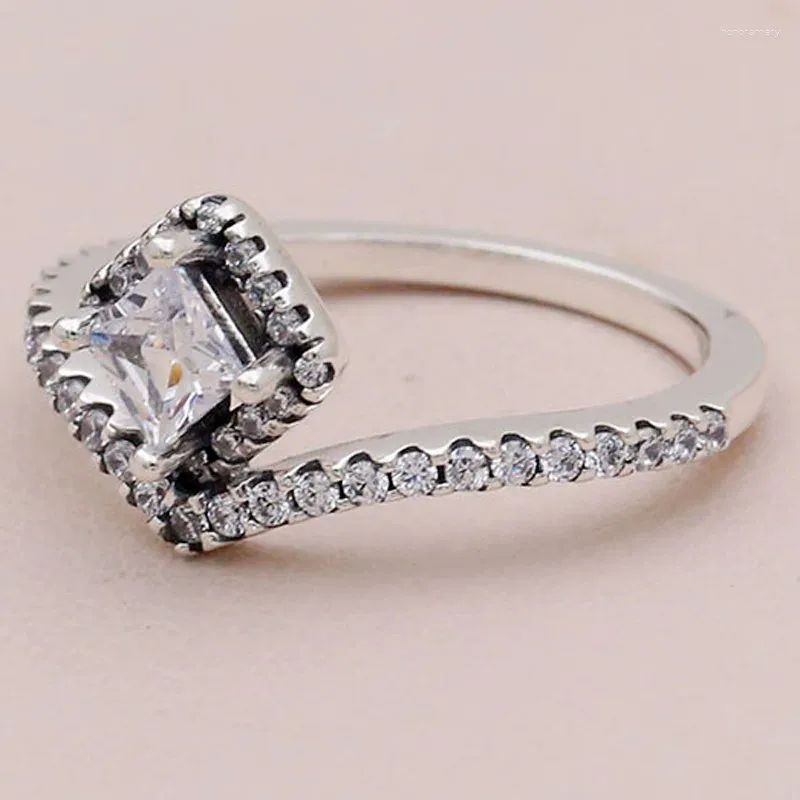Clusterringen Originele vierkante schittering Wishbone met Crystal for Women 925 Sterling Silver Ring Wedding Party Gift Diy Europe Sieraden
