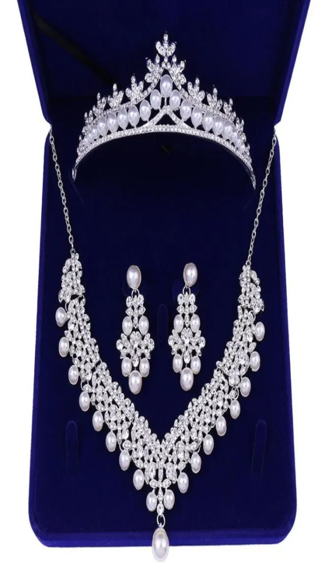 Crystal Pearl Bridal Jewelry Sets Wedding Crown Necklace with Earrings Bride Hair Ornament Choker for Women Accessories 2203303258890