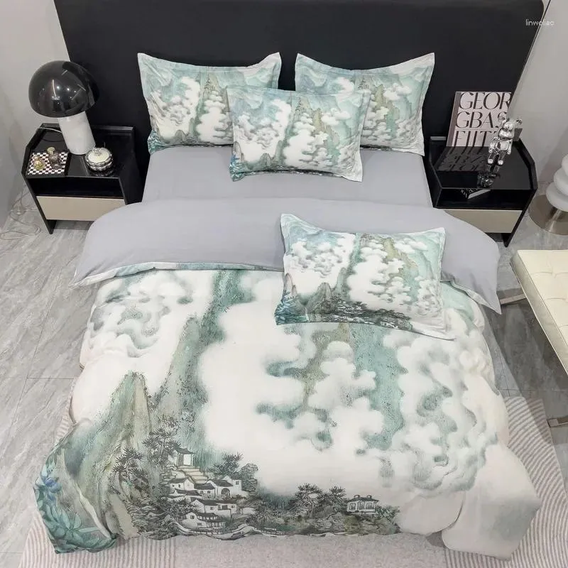寝具セット中国の豪華なクラシックデジタル印刷セット風景の孔雀の花のパターン布団カバーベッドシート枕カバー
