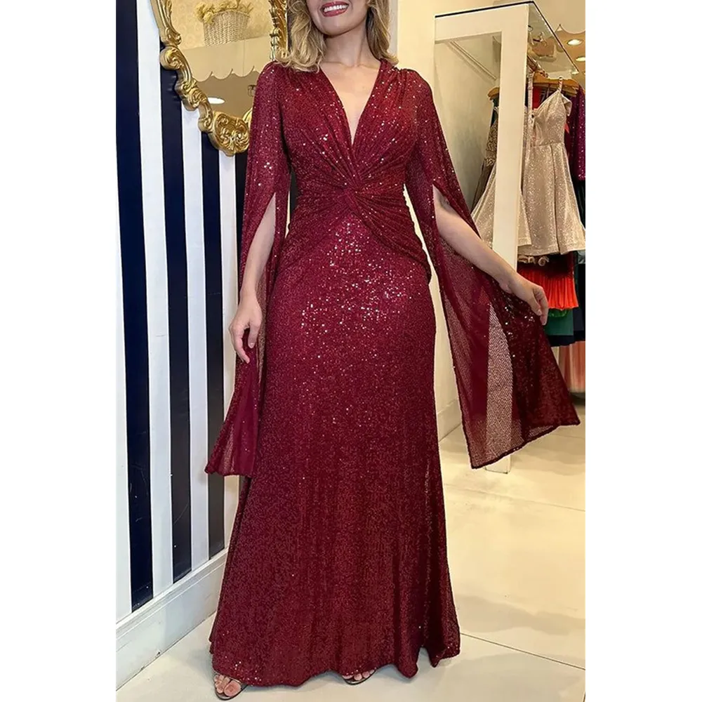 Holiday Party Dress Sexy Formal Solid Sequins Fold V Neck A Line Dresses(Burgundy/M) Holiday Party Dress Sexy Formal Solid Sequins Fold V Neck A Line Dresses(Burgundy/M)