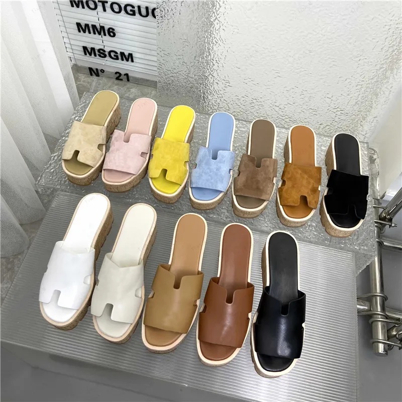 Hoogwaardige zomer dikke bodem open teen suède sandalen slippers wig houten zool echt lederen vrouwen massief kleuren platform schoen dames hoge hiel buiten vakantie