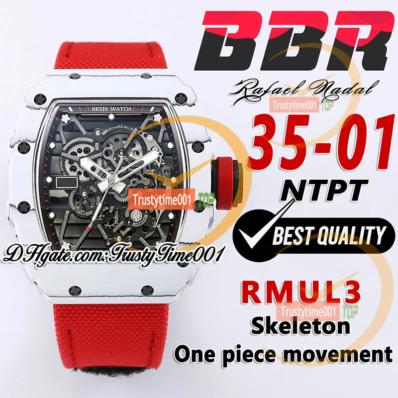 BBR 35-01 RMUL3 Mechanische handwindende herenwisseling Witte NTPT Koolstofvezel Kaste Skelet wijzerplaat Red gevlochten Nylon Strap Super Edition Sport TrustyTime001 Polshands