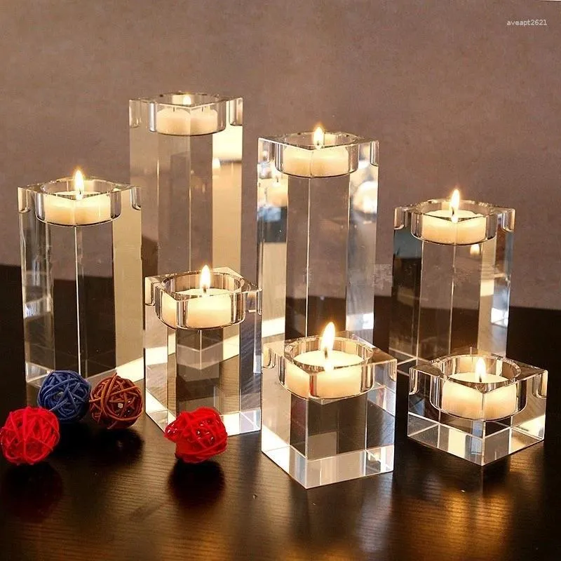 Candle Holders 4/6/8/10CM Holder Solid Crystal Clear Square Glass Pillar Tealight For Wedding Home Decor Dinner Romantic