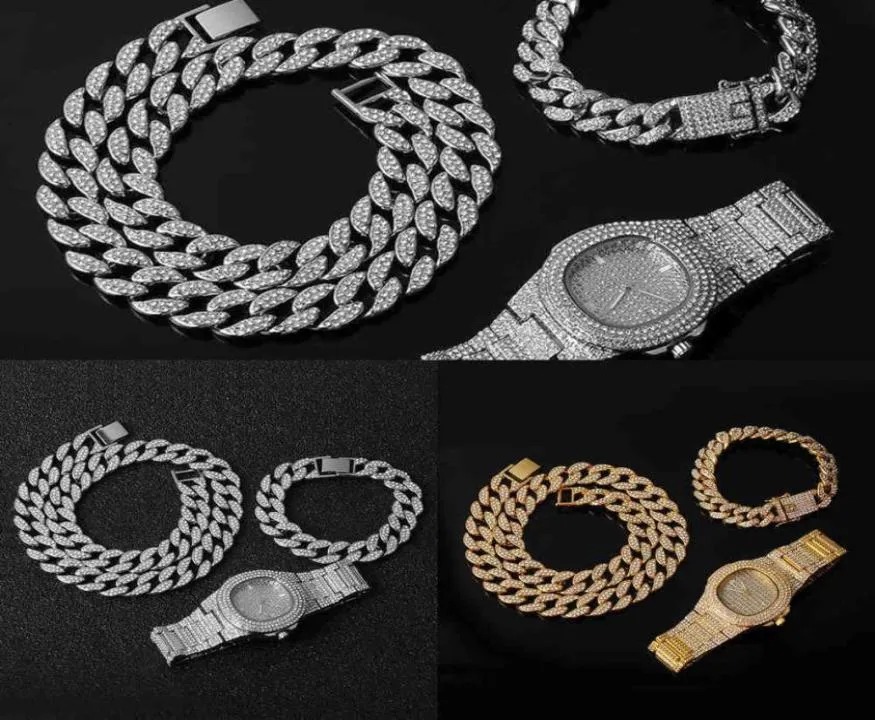 Men039s Jewelry Set 3piece Set Necklace Watch and Bracelet Hip Hop Miami Edge Cuban Chain Gold All Ice Diamond Cz Flas6697693