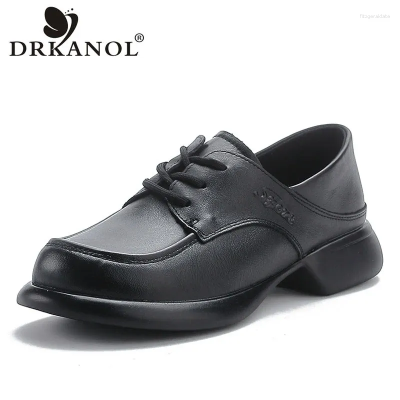 Casual Shoes DRKANOL 2024 Women Genuine Leather Spring Lace-Up Round Toe Thick Heel Footwear Zapatos Mujer