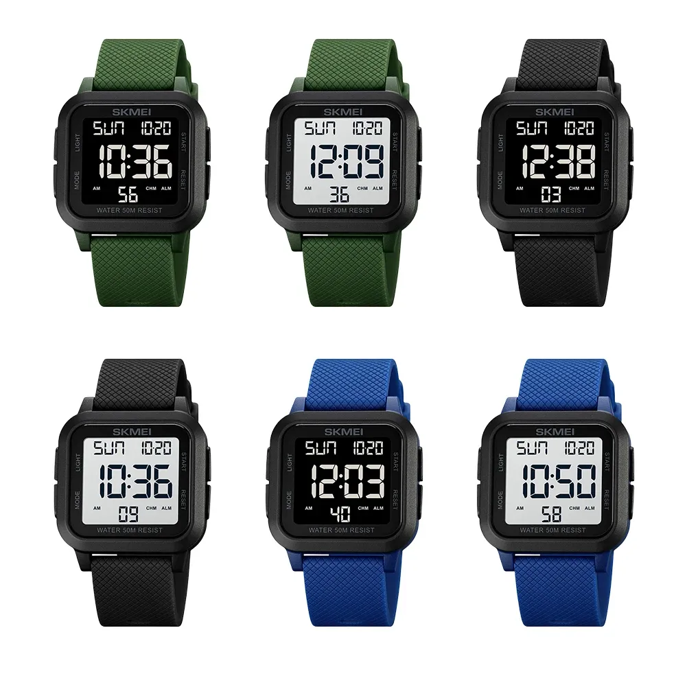 Cases Men Stopwatch Alarm Elektronisch horloge Countdown Timer 50m Waterdichte digitale horloge Ultradunne Grote gezichtsalarm Sportpolhorloge