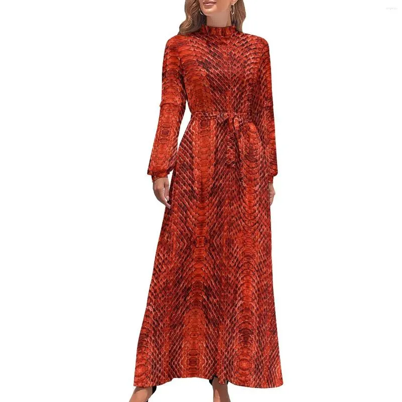 カジュアルドレス赤いヘビ皮のプリントドレス長袖レトロアニマルエレガントマキシハイウエスト美的デザインボヘミアロングギフト