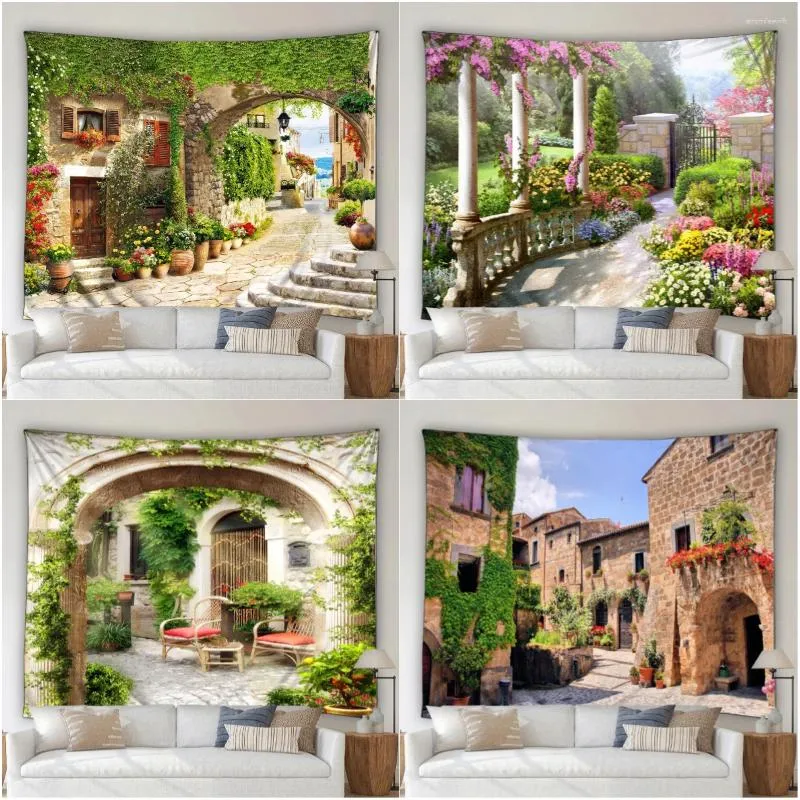 Tapestries Street Scenery Tapestry Europe Italy Flower Spring Modern Plants Coastal Garden Home Live Room Dorm Decor Wall Hanging Washable