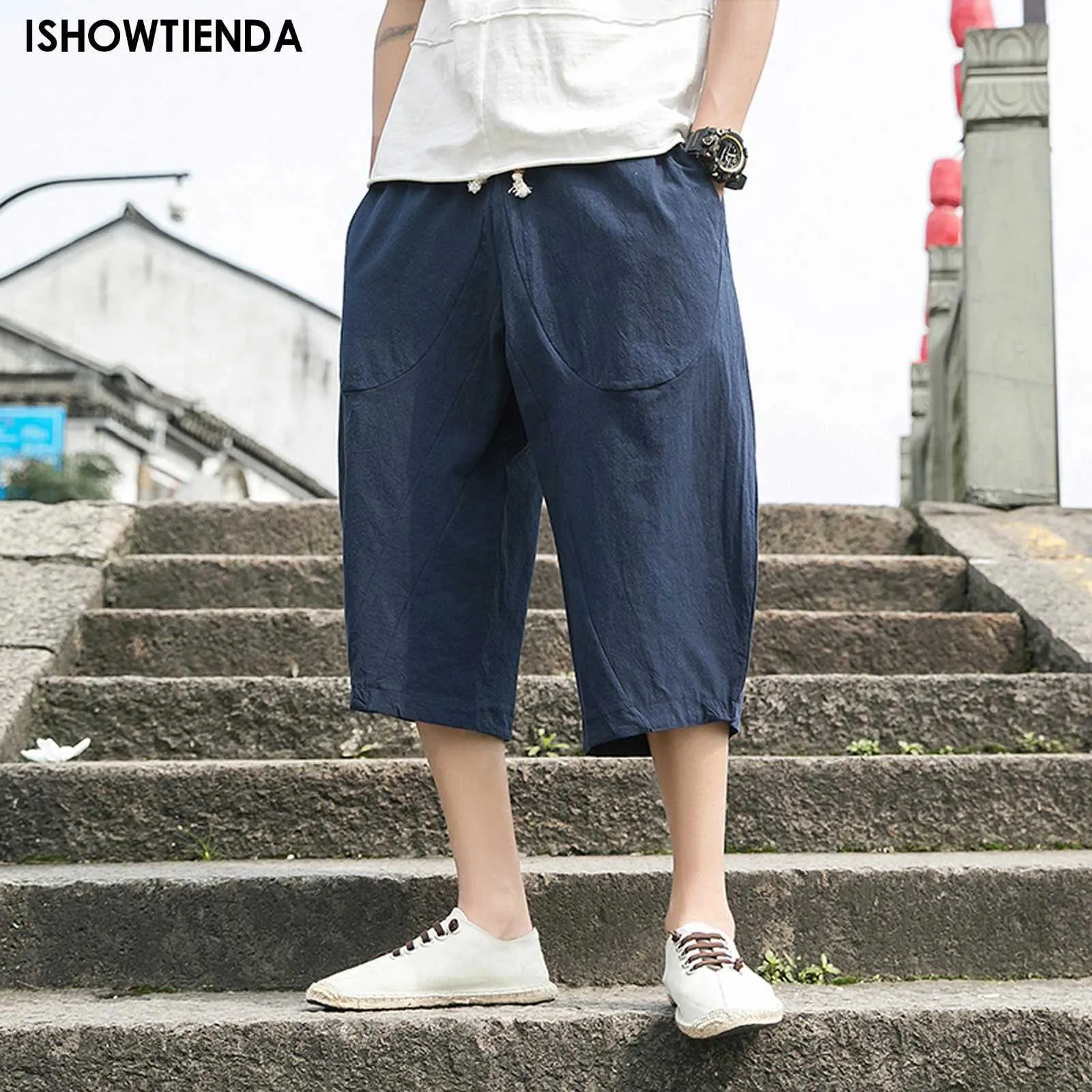 Мужские шорты Harem Pants Beach Cotton Linen Capris Mens Mens Mens Cargo Brouser повседневная эластичная мешка талии нарисован в кармане Q240427