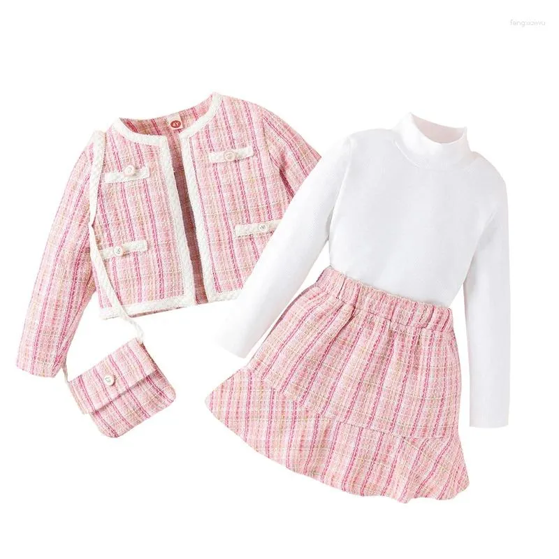 Clothing Sets Toddler Girl 4Pcs Fall Outfits Long Sleeve Jacket Tops Mini Skirt Bag Set Kids Suit