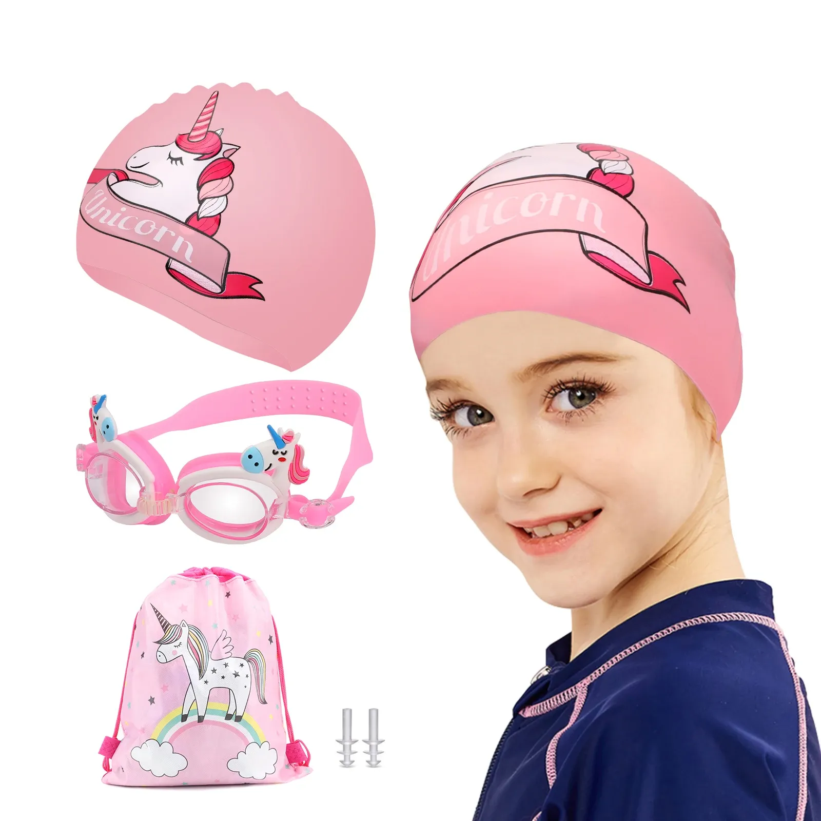 Accessoires 4 Pack Kinder Schwimmkappen für lange/kurze Haarmädchen Kleinkind Schwimmbrillen Silikon Schwimmkappe Ohrstöpsel mit Ohrstöpsel Aufbewahrungstasche