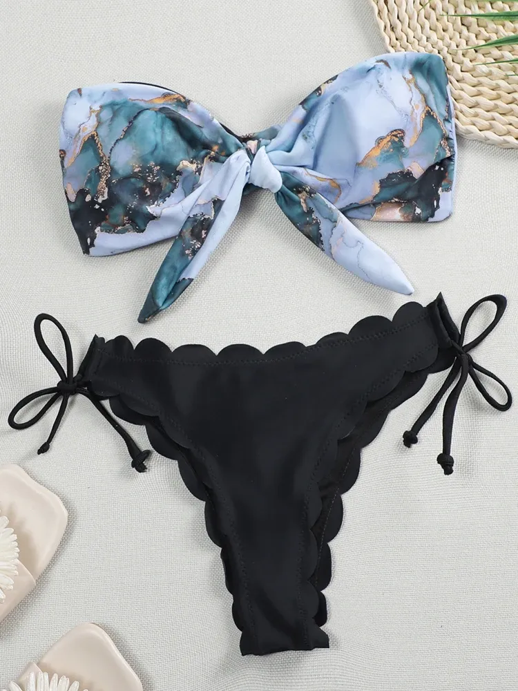 Ställ in sexig kammusslor marmortryck bikini kvinnor bandeau badkläder kvinnlig baddräkt twopieces bikini set knutad bather baddräkt simma