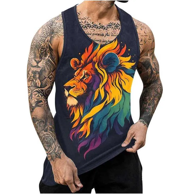 Herentanktops Nieuwe Lion 3D -geprinte heren tanktop Harajuku Animal Wolf Patroon Zomer Top Fitness Gym Spuscle Mouwloze shirtl2404