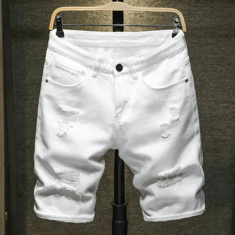 White jeans shorts men Ripped Hole Frayed Knee length classic simple Fashion Casual Slim Denim shorts Male high quality 240416